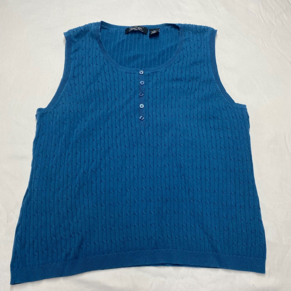 Crystal Kobe Womens Teal Blue Cotton Cable Knit Henley Sweater Vest XL